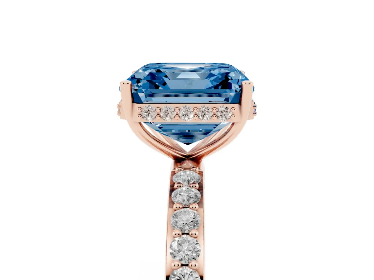 Fancy Blue Asscher Cut Diamond Solitaire Ring with Pavé Band and Hidden Halo Rose gold