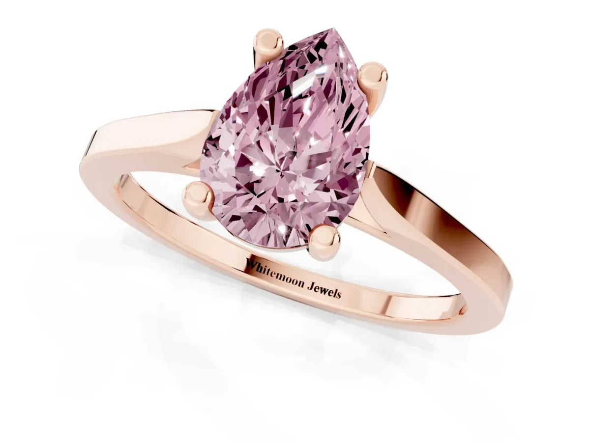 Fancy Pink Pear Cut Solitaire Diamond Ring with Four-Prong Setting and Tapered Band Rose gold