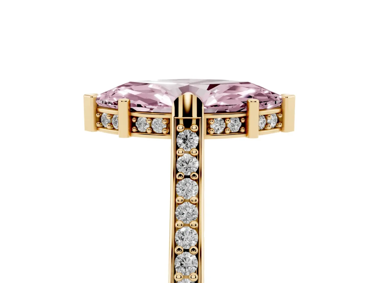 Fancy Pink Marquise Cut Solitaire Diamond Ring with Channel Set Band and Bezel Prong Setting Yellow gold