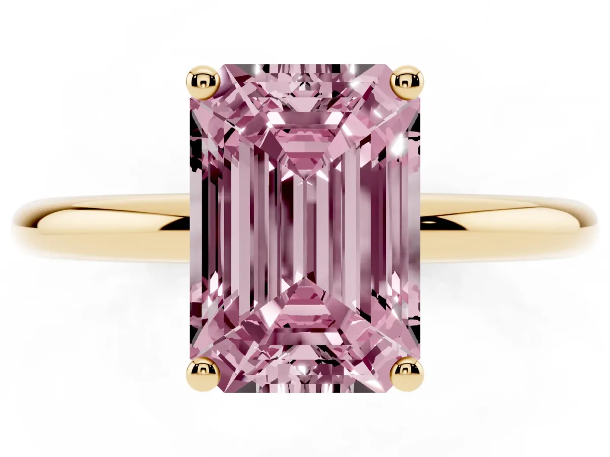 Fancy Pink Emerald Cut Cut Solitaire Engagement Ring with Four-Prong Setting and Classic Band Yellow gold