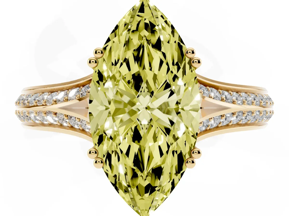 Fancy Yellow Marquise Cut Diamond Split Shank Engagement Ring with Pavé Band Yellow gold