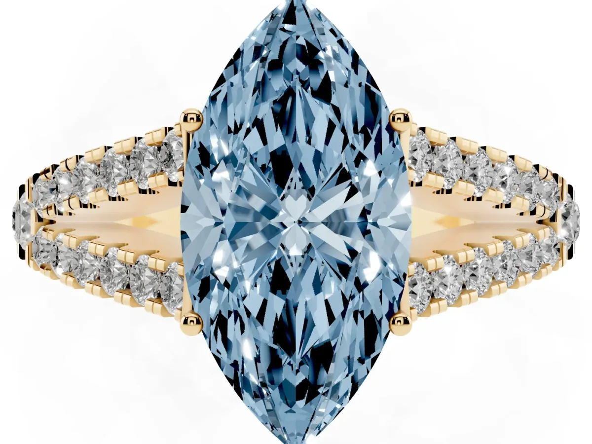 Fancy Blue Marquise Cut Diamond Split Shank Engagement Ring with Round Pavé and Prong Setting Yellow gold
