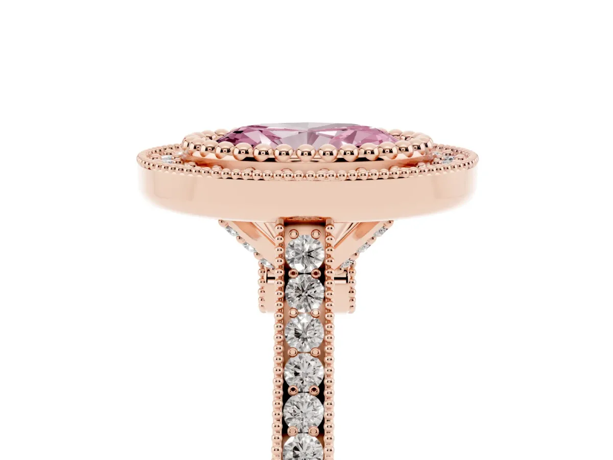 Fancy Pink Oval Cut Diamond Halo Ring with Milgrain Frame and Pavé Band Rose gold