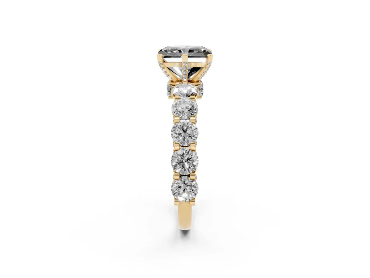 Fancy Black Radiant Cut Diamond Side Stone Engagement Ring with Four-Prong Setting Yellow gold