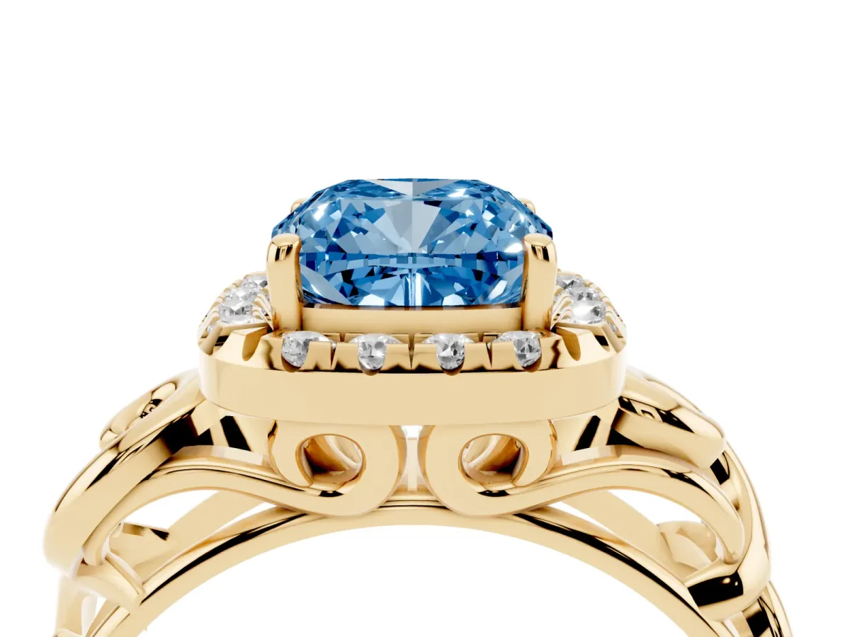 Fancy Blue Cushion Cut Cut Halo Diamond Ring with Scrollwork Band and Four-Prong Setting Yellow gold