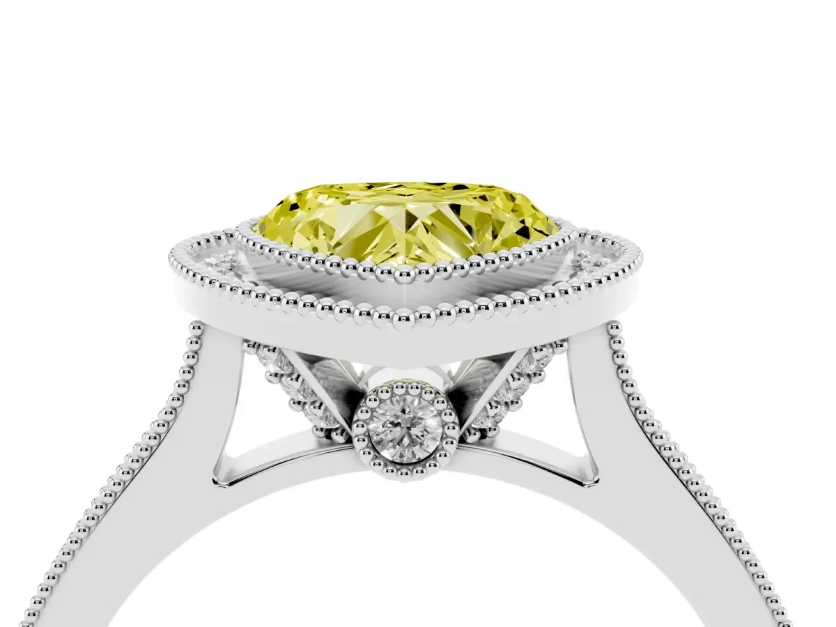 Fancy Yellow Halo Heart Cut-Cut Diamond Pave Band Milgrain Prong Setting Ring Silver