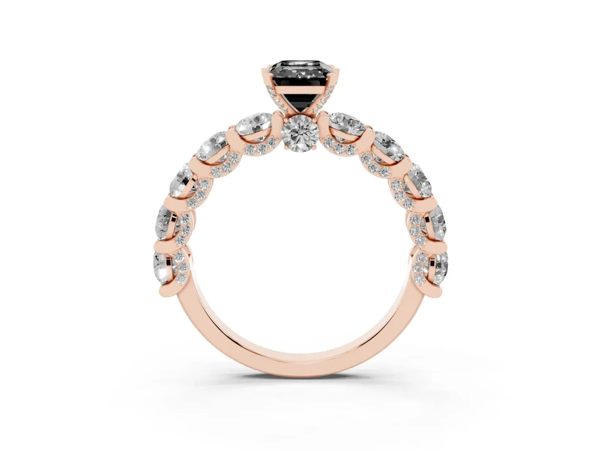 Fancy Black Emerald Cut Diamond Side Stone Engagement Ring with Four-Prong Setting Rose gold