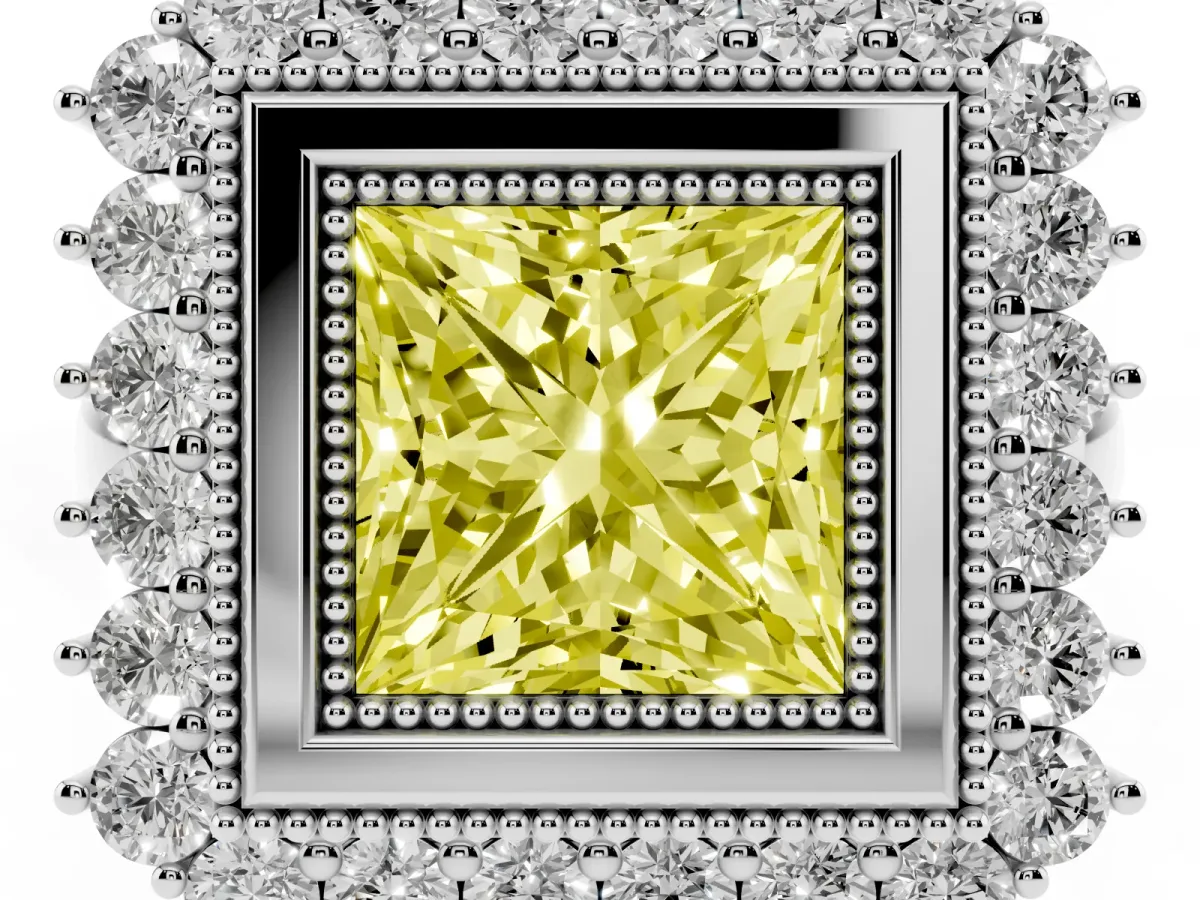 Fancy Yellow Princess Cut Halo Diamond Ring with Milgrain Edge and Round Prong Setting Silver