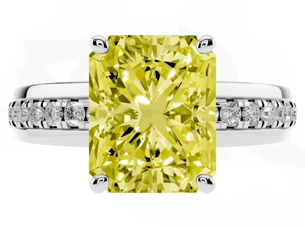 Fancy Yellow Radiant Cut Solitaire Diamond Ring with Channel Set Band and Six-Prong Setting White gold