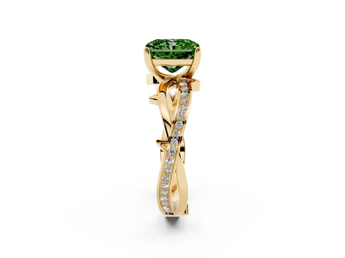 Fancy Green Radiant Cut Solitaire Twist Band with Pavé Accents and Four-Prong Setting Yellow gold