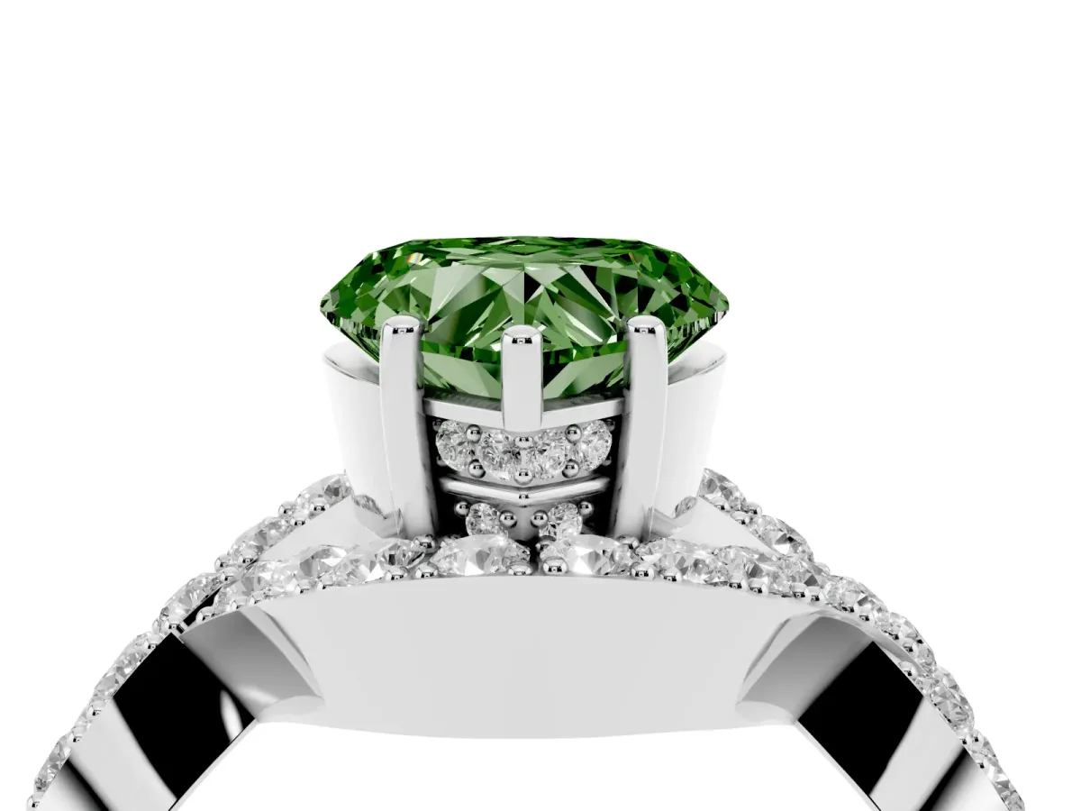 Fancy Green Heart Cut Solitaire Twist Band Pavé Diamond Engagement Ring Silver