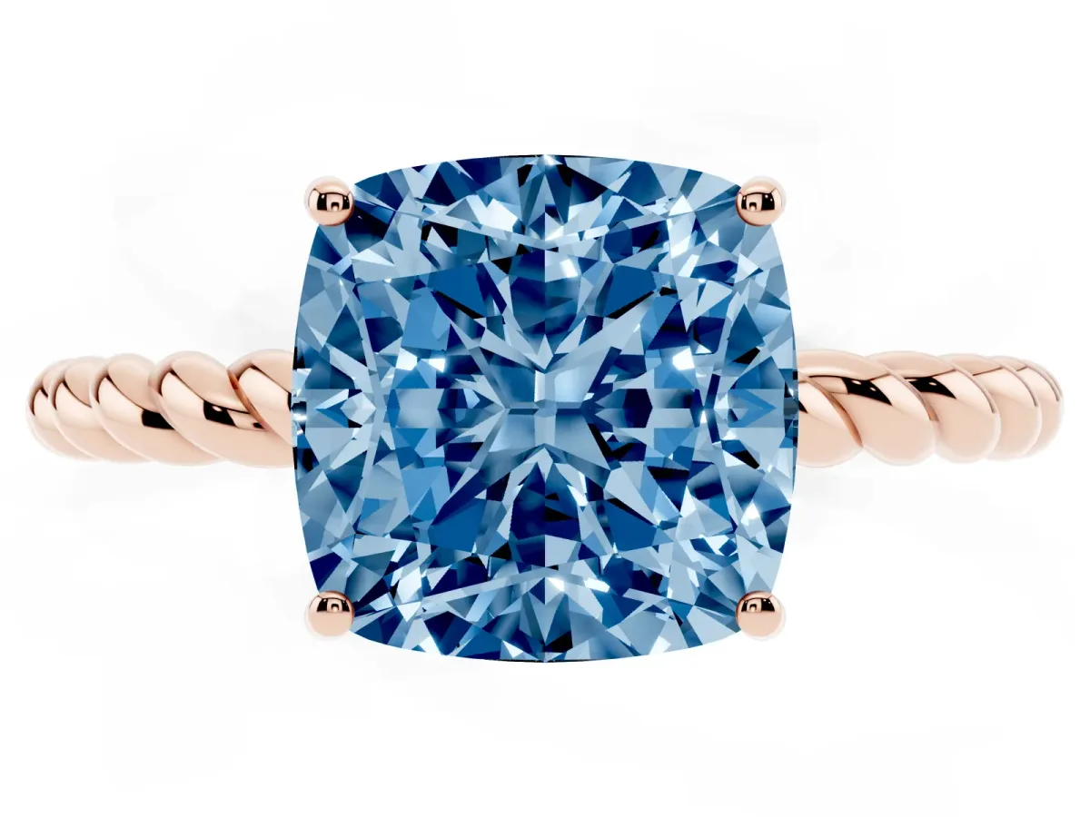 Fancy Blue Cushion Cut Solitaire Twist Band Ring with Four-Prong Setting Rose gold