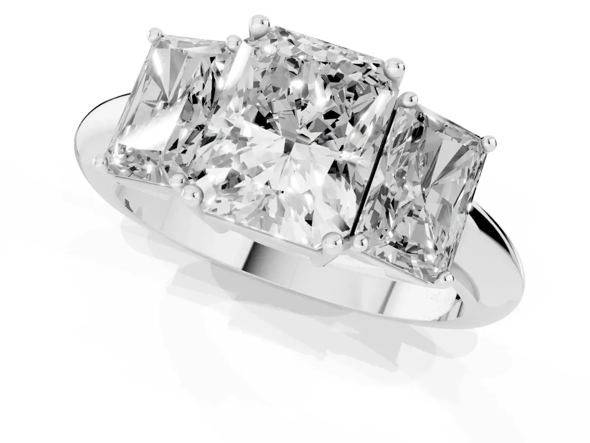 Three-Stone Radiant Cut Cut Diamond Engagement Ring with Prong Setting on a White Gold Band Platinum