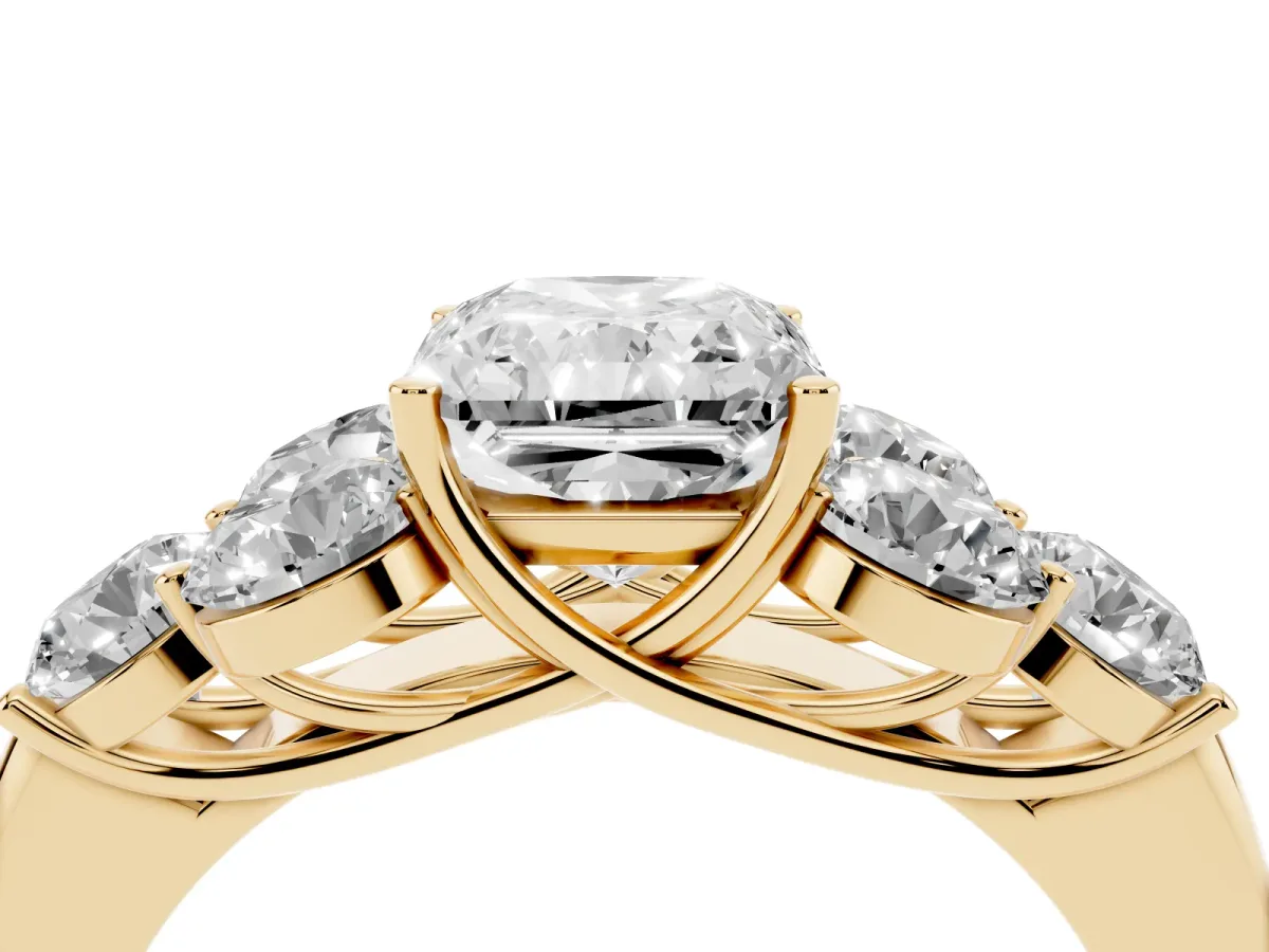 Radiant Cut Cut Diamond Cluster Ring with Round Accent Stones and Prong Setting on a Classic Band Yellow gold