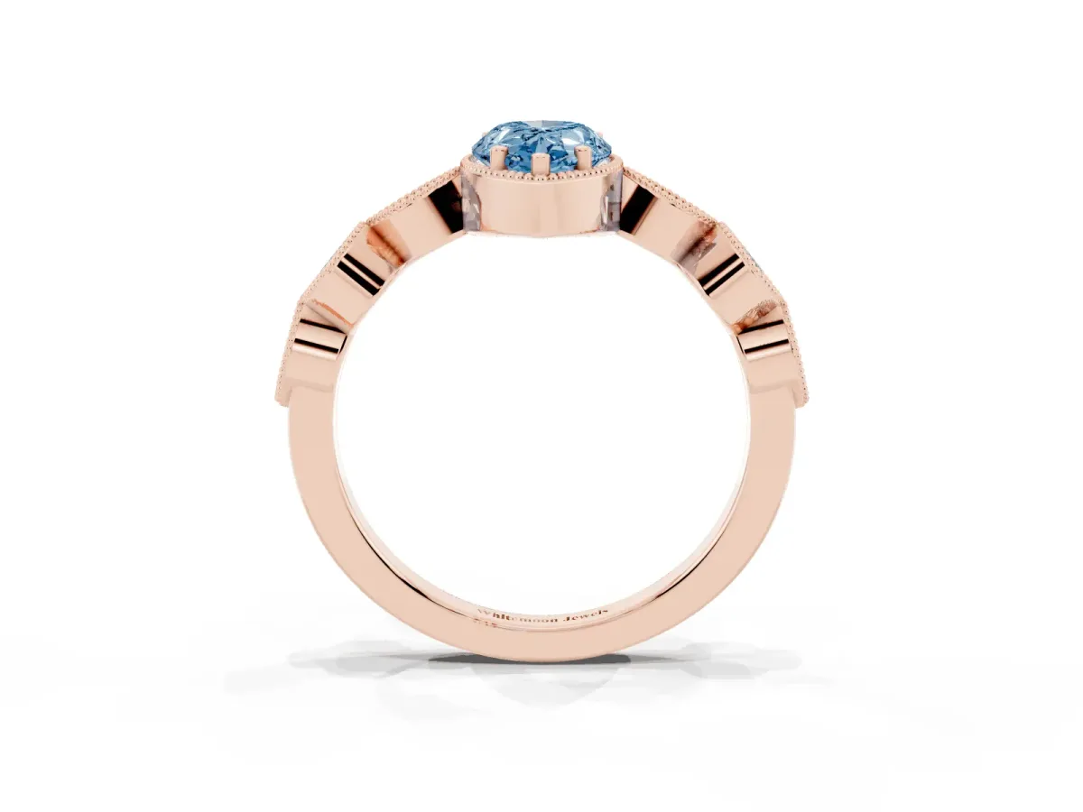 Fancy Blue Pear Cut Diamond Vintage Milgrain Ring with Round Stations Rose gold