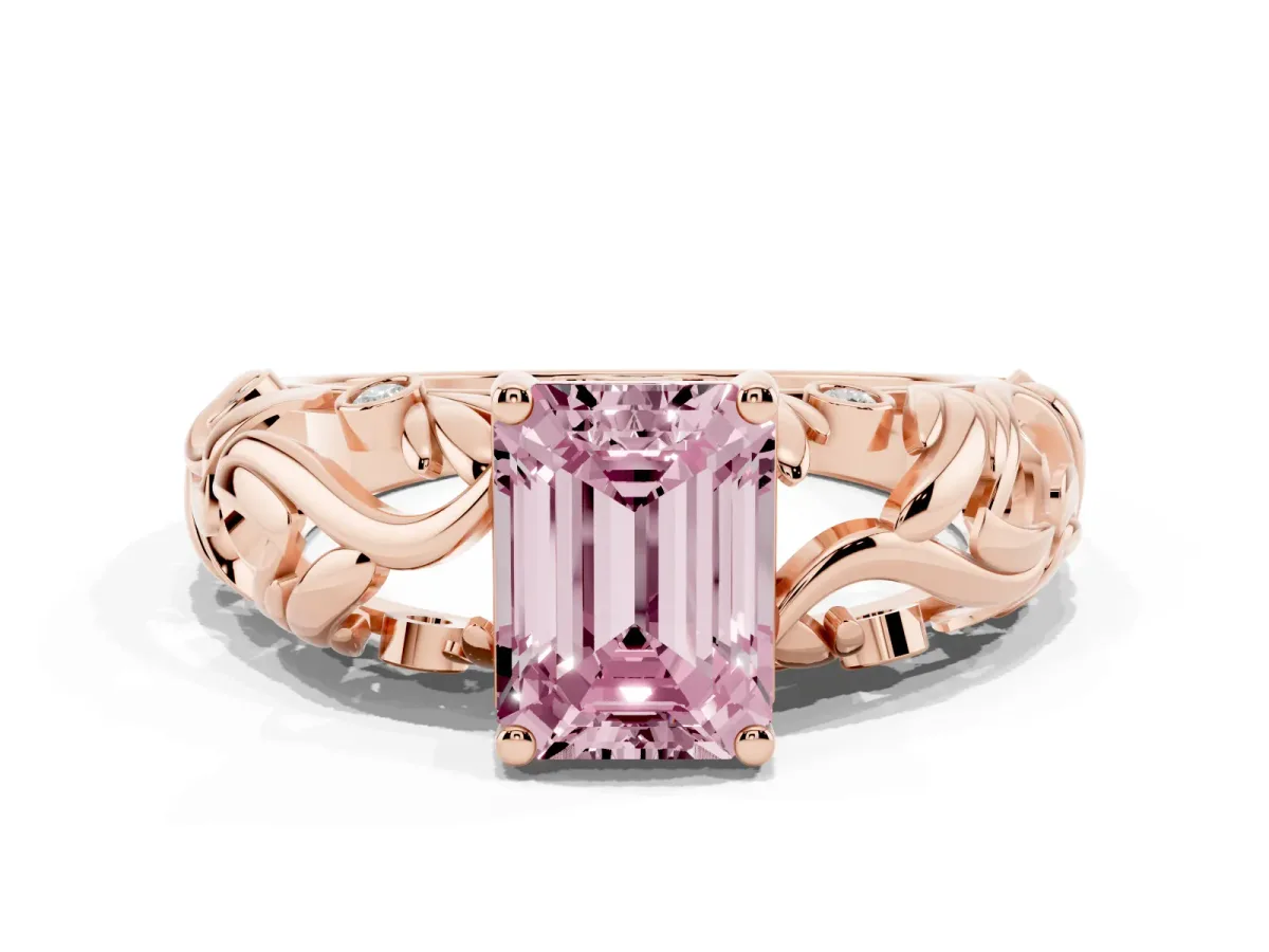 Fancy Pink Emerald Cut Solitaire Diamond Leaf-Inspired Vine Band Ring with Prong Setting Rose gold