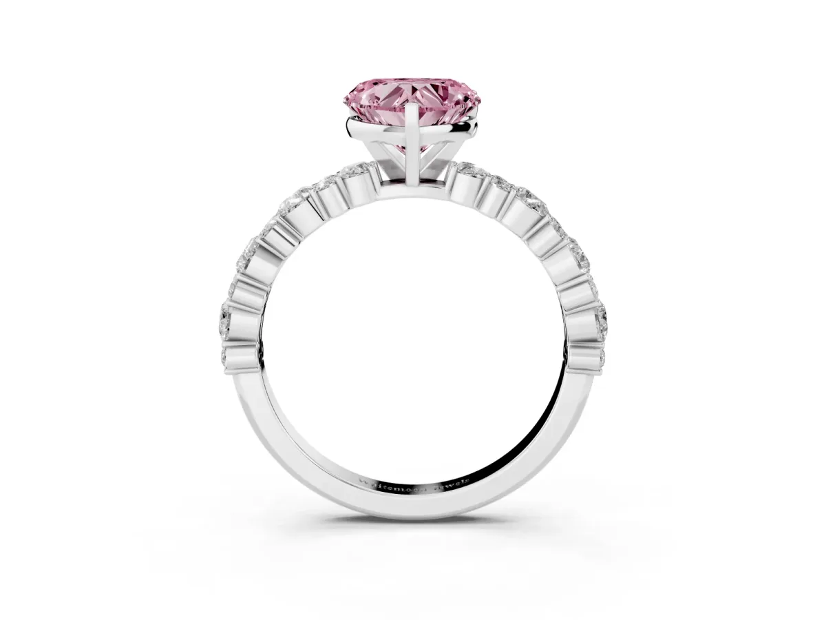 Fancy Pink Heart Cut Diamond Side Stone Solitaire Ring with Round and Four-Prong Setting Platinum
