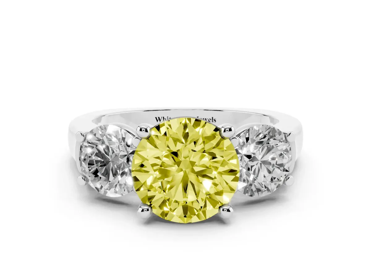 Fancy Yellow Three-Stone Round Cut Brilliant Diamond Trellis Ring with Comfort Fit Band Silver