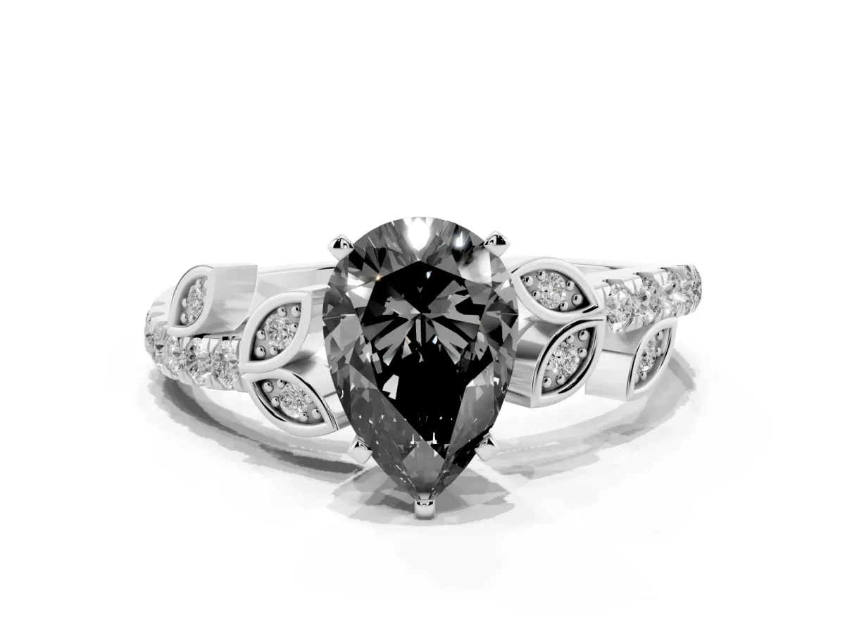 Fancy Black Pear Cut Solitaire Leaf-Inspired Diamond Ring with Pavé Band and Four-Prong Setting Silver