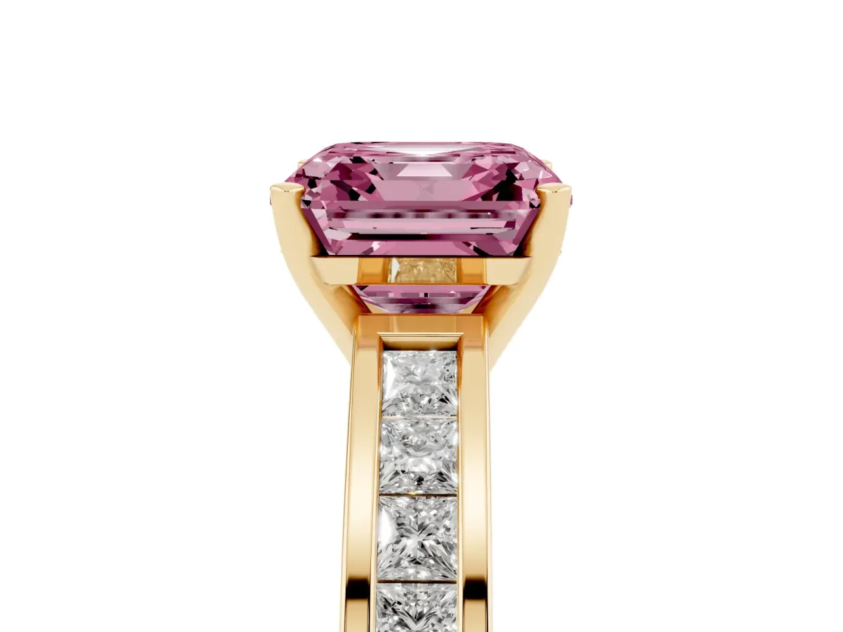 Fancy Pink Asscher Cut Solitaire Diamond Ring with Channel-Set Band and Four-Prong Setting Yellow gold