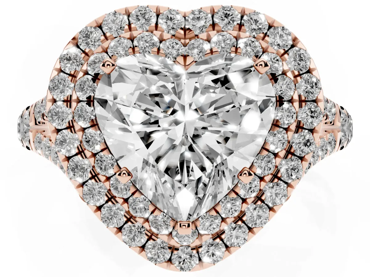 Double Halo Heart Cut Diamond Split Shank Engagement Ring with Four-Prong Setting Rose gold