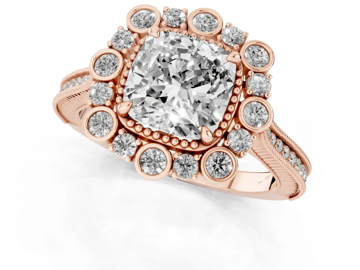 Cushion Cut Halo Milgrain Pave Diamond Ring with Four-Prong Setting Rose gold