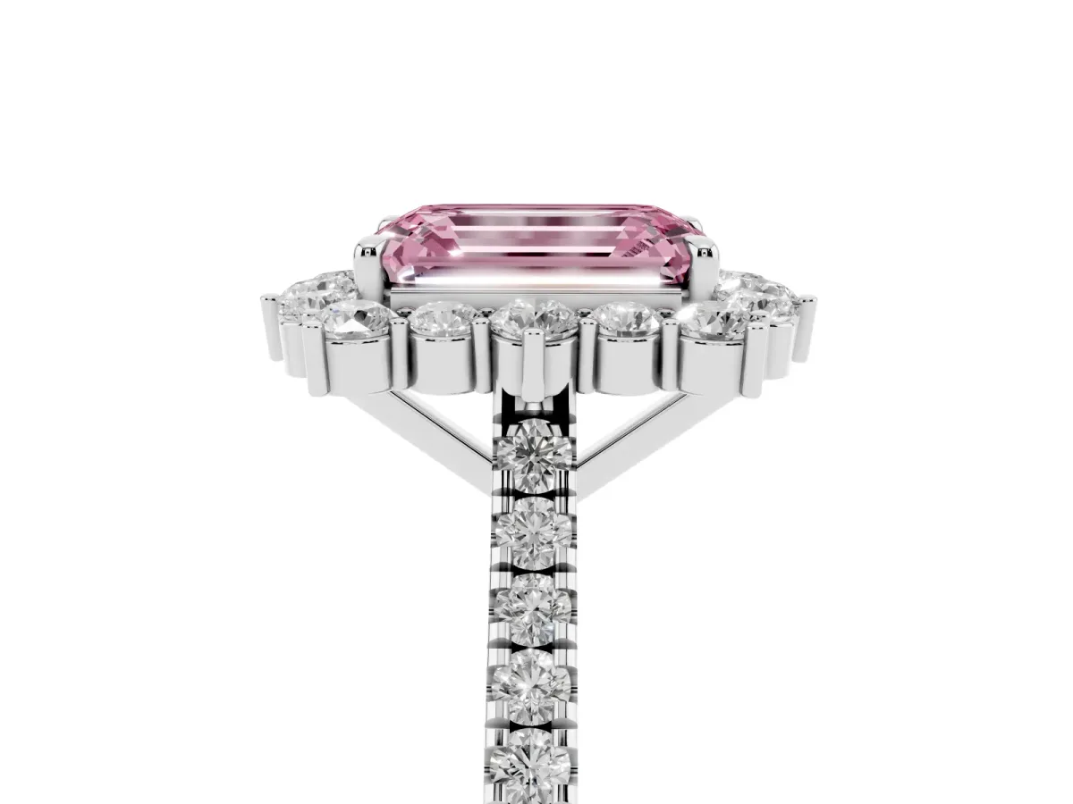 Fancy Pink Emerald Cut Halo Diamond Ring with Pavé Band and Prong Setting Silver