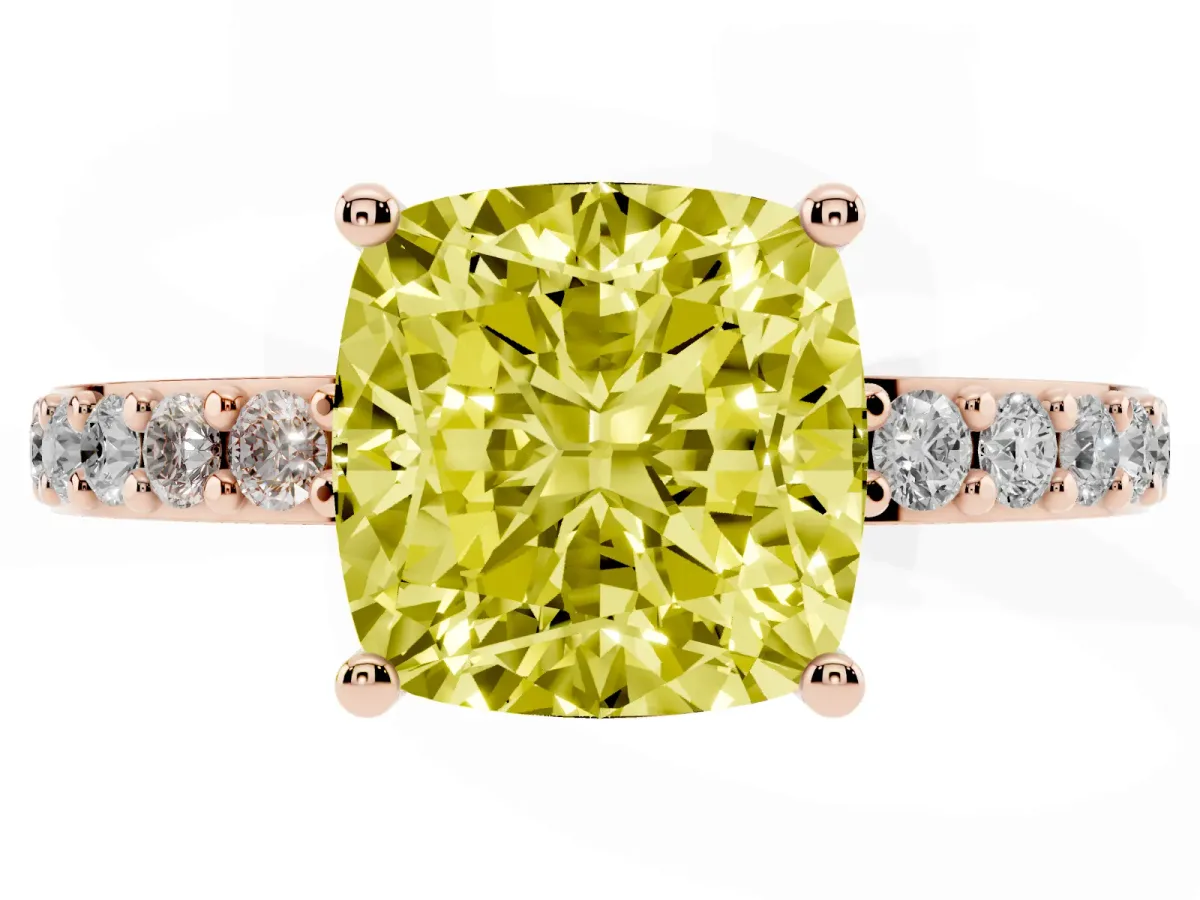 Fancy Yellow Cushion Cut Cut Diamond Solitaire with Pave Band and Four-Prong Setting Rose gold