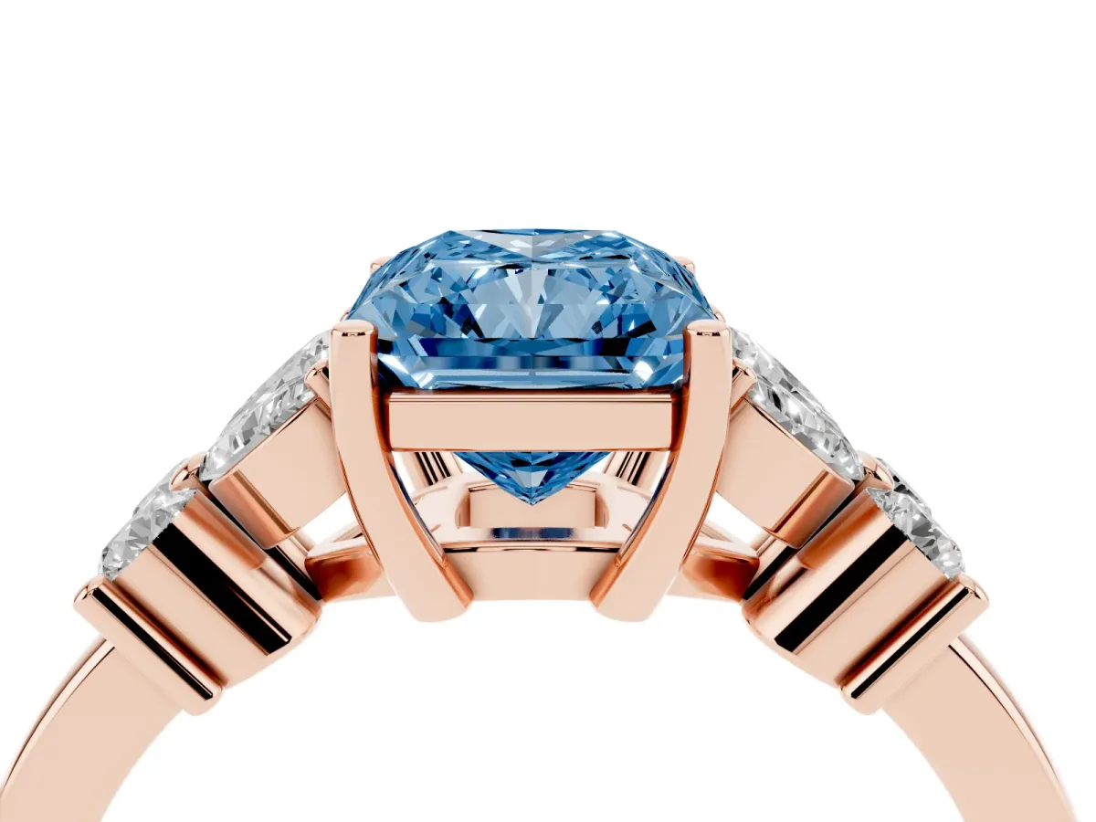 Fancy Blue Radiant Cut Diamond Floral Cluster Ring with Solitaire Band and Prong Setting Rose gold