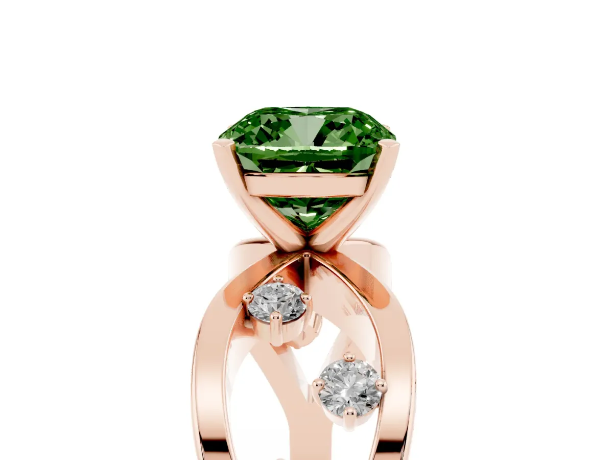 Fancy Green Cushion Cut Cut Solitaire Diamond with Side Stones on Criss-Cross Band and Four-Prong Setting Rose gold
