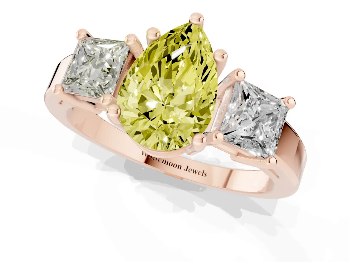 Fancy Yellow Three-Stone Pear Cut Cut Solitaire Ring with Prong Setting Rose gold