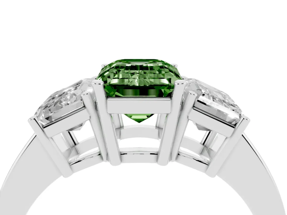 Fancy Green Three-Stone Emerald Cut Cut Diamond Engagement Ring with Flat Band and Four-Prong Setting Silver