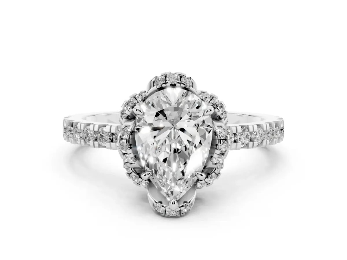 Pear Cut Halo Diamond Pave Band Ring with Four-Prong Setting Platinum