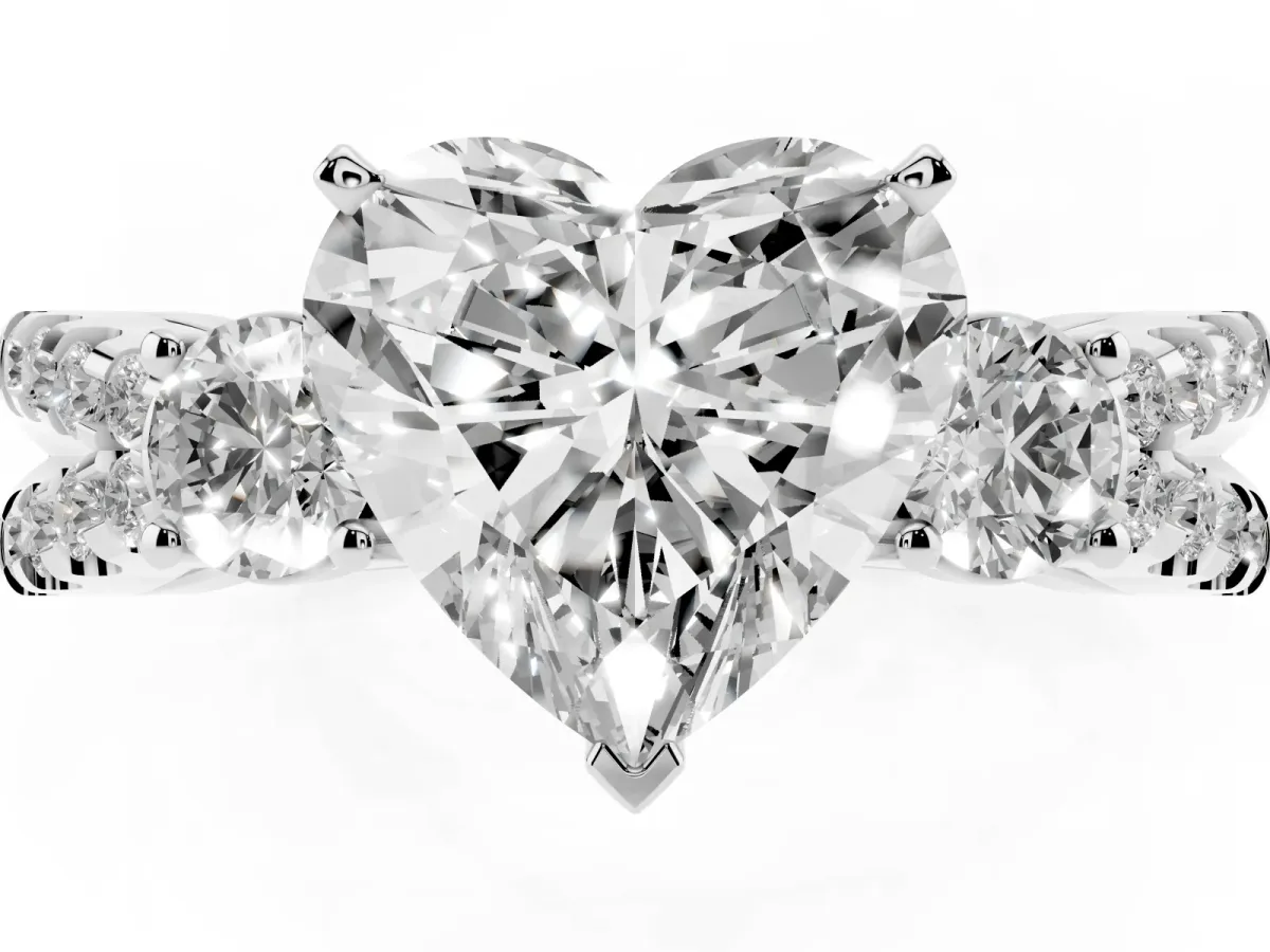 Heart Cut Diamond Three-Stone Ring with Pavé Split Shank and Four-Prong Setting White gold