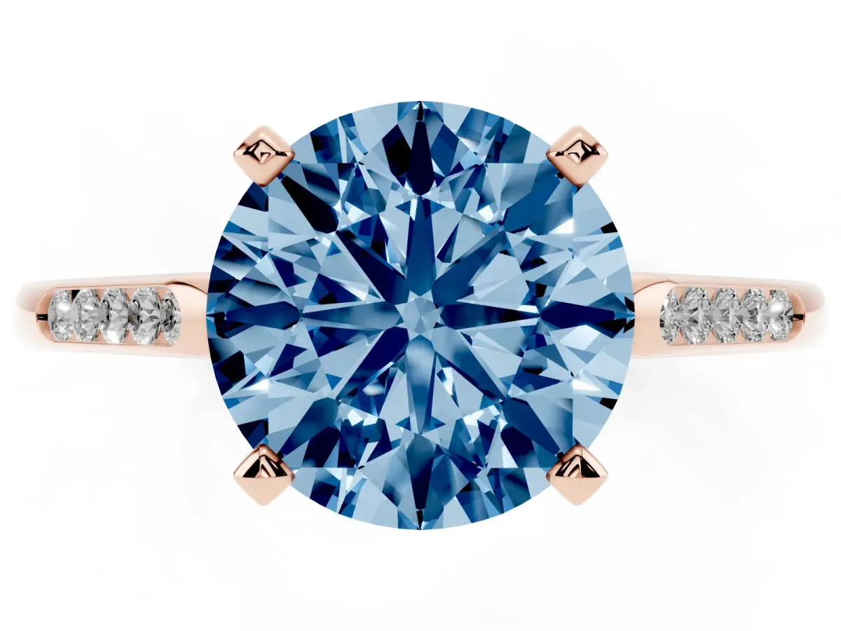 Fancy Blue Round Cut Diamond Solitaire Ring with Channel Set Round Band and Prong Setting Rose gold
