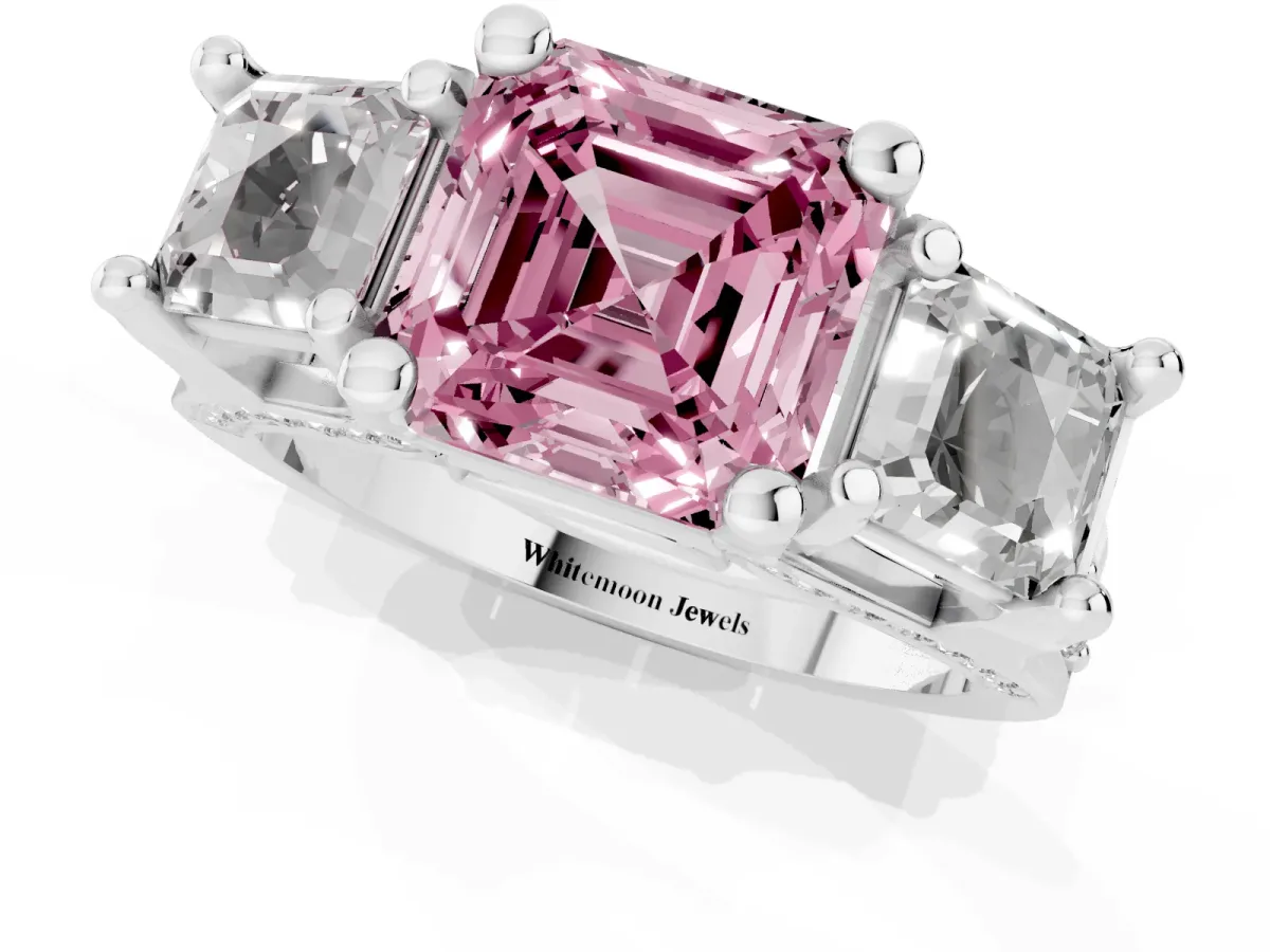 Fancy Pink Asscher Cut Diamond Three-Stone Ring with Channel Set Band and Four-Prong Setting Silver