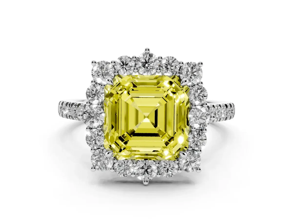 Fancy Yellow Asscher Cut Halo Diamond Ring with Pavé Band and Prong Setting Silver