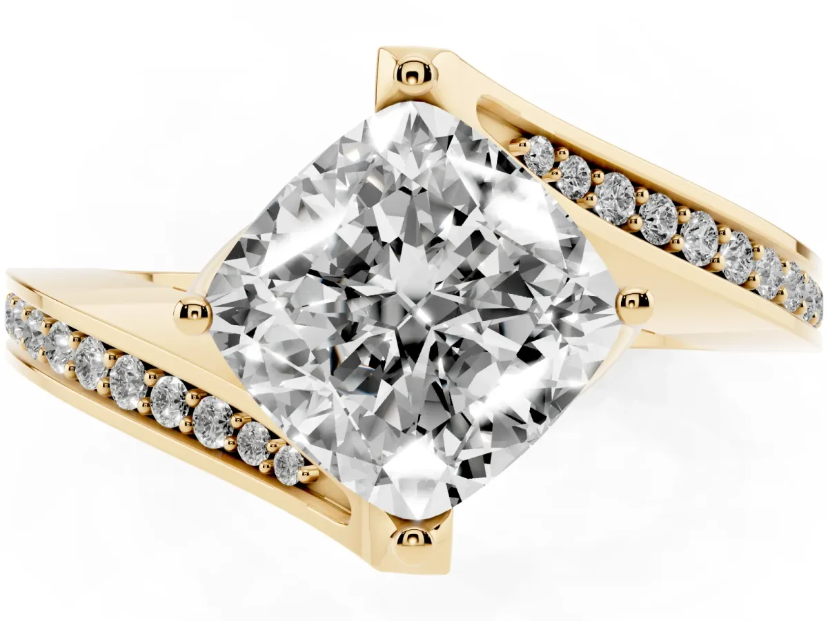 Cushion Cut Solitaire Diamond Twist Band with Pavé Setting and Four-Prong Setting Yellow gold
