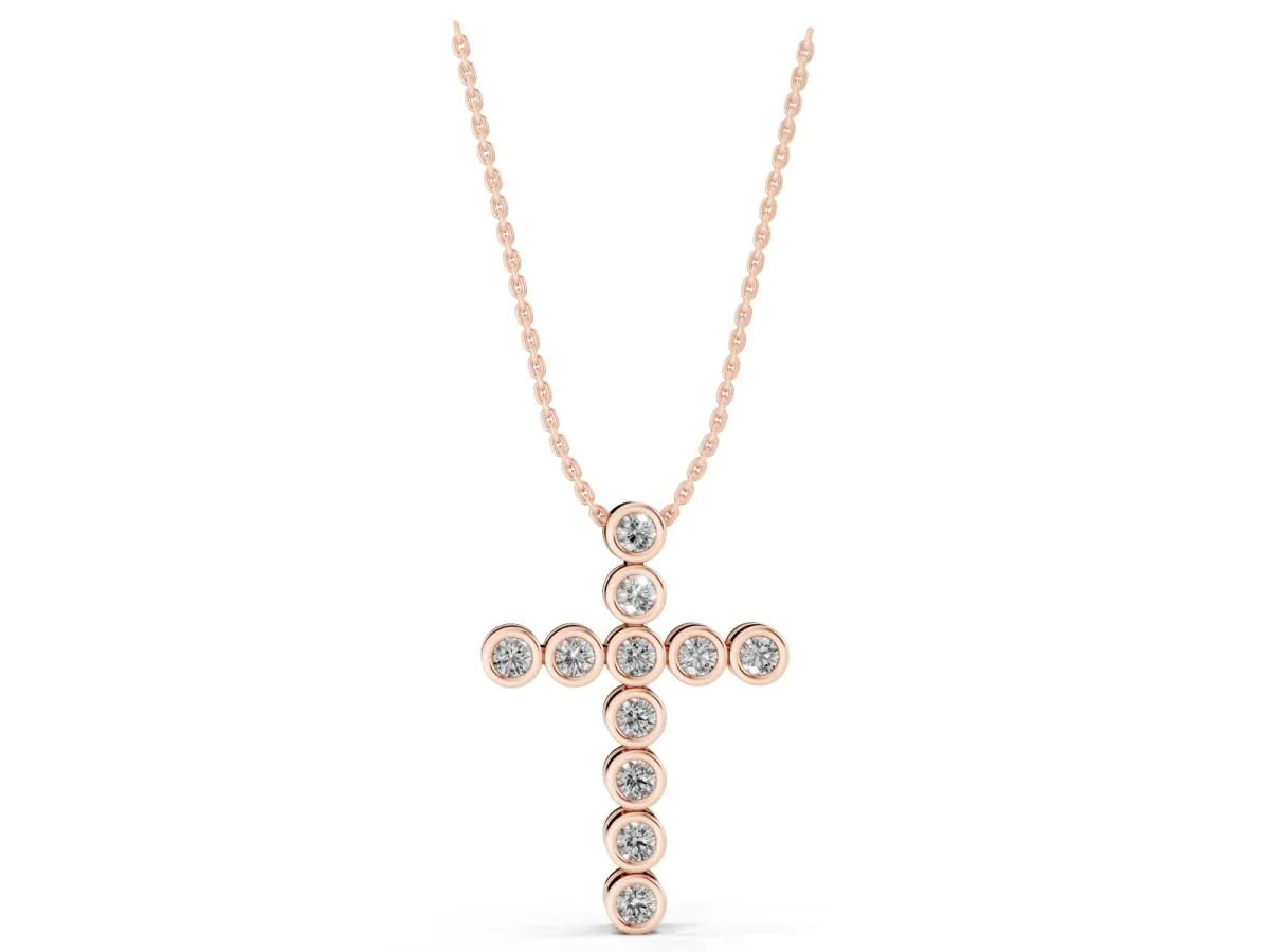 Bezel-Set Round Diamond Cross Pendant Rose gold