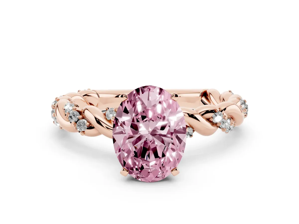 Fancy Pink Oval Cut Diamond Solitaire Ring with Twisted Band and Pavé Accents Rose gold