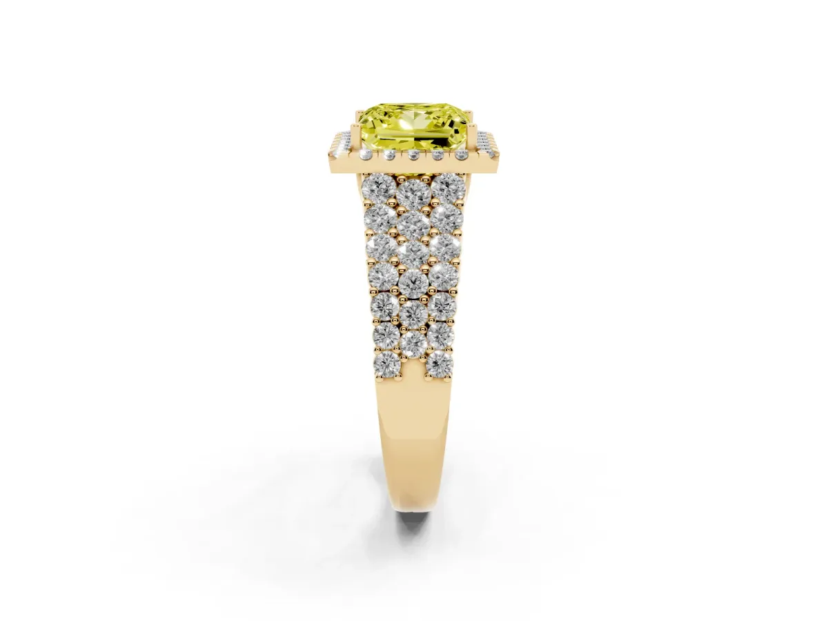 Fancy Yellow Princess Cut Diamond Halo Engagement Ring with Triple Row Round Pavé Band and Prong Setting Yellow gold