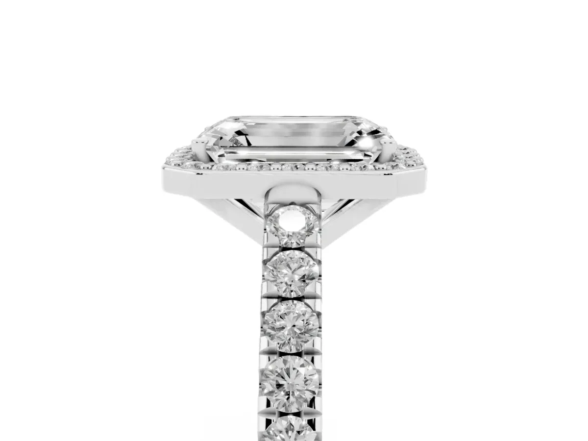 Emerald Cut Cut Halo Diamond Engagement Ring with Pave Band and Four-Prong Setting White gold