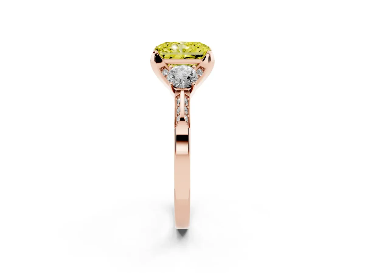 Fancy Yellow Radiant Cut Brilliant Three-Stone Diamond Ring with Pavé Band and Four-Prong Setting Rose gold