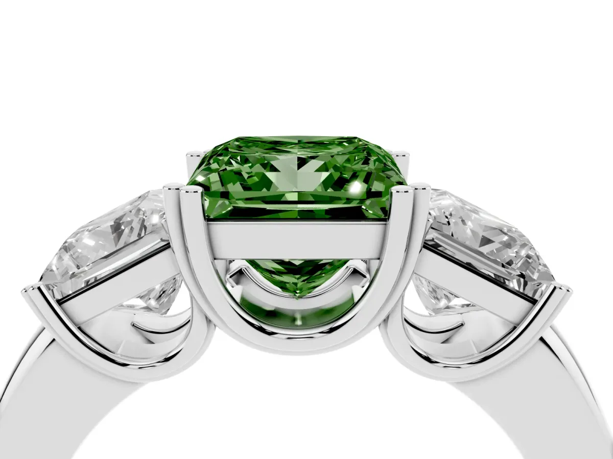 Fancy Green Three-Stone Princess Cut Cut Diamond Ring with Channel Set Band and Four-Prong Setting White gold