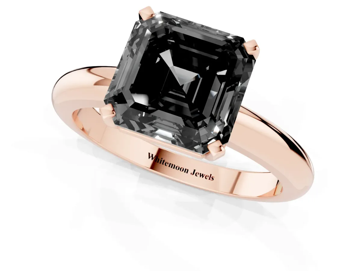 Fancy Black Asscher Cut Diamond Solitaire Engagement Ring with Round Band and Four-Prong Setting Rose gold