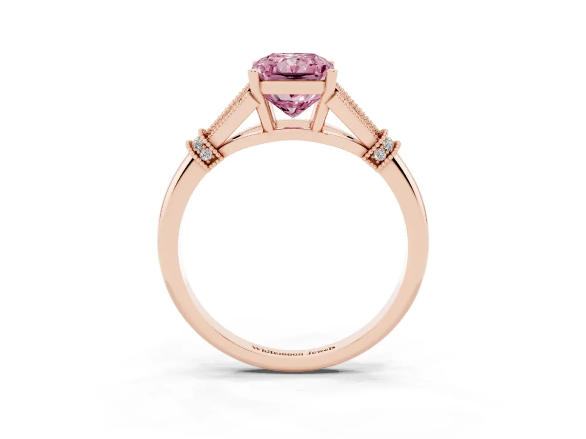 Fancy Pink Radiant Cut Diamond Solitaire Ring with Floral Filigree and Pave Accents Rose gold