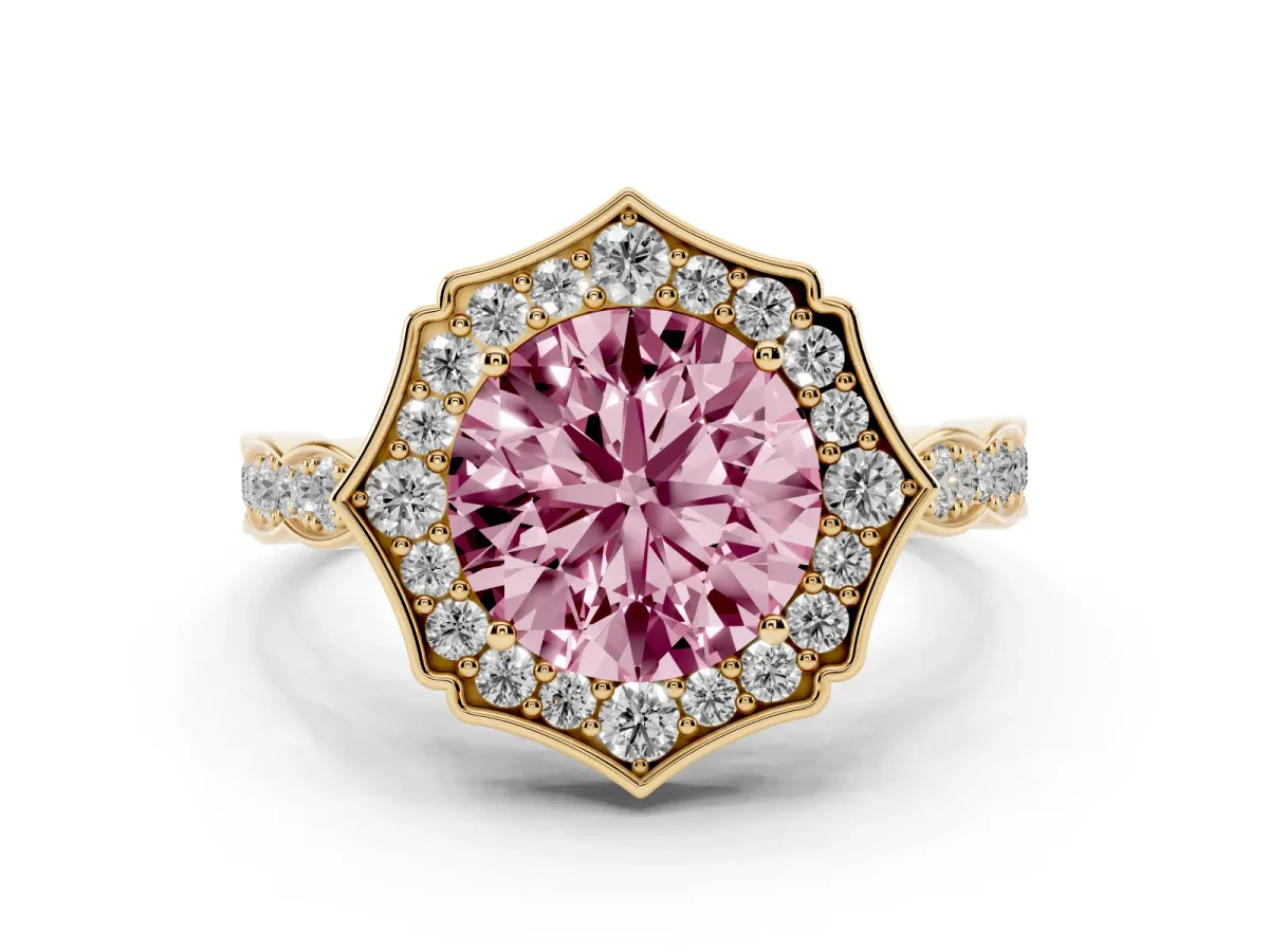 Fancy Pink Round Cut Halo Diamond Engagement Ring with Milgrain Band and Four-Prong Setting Yellow gold