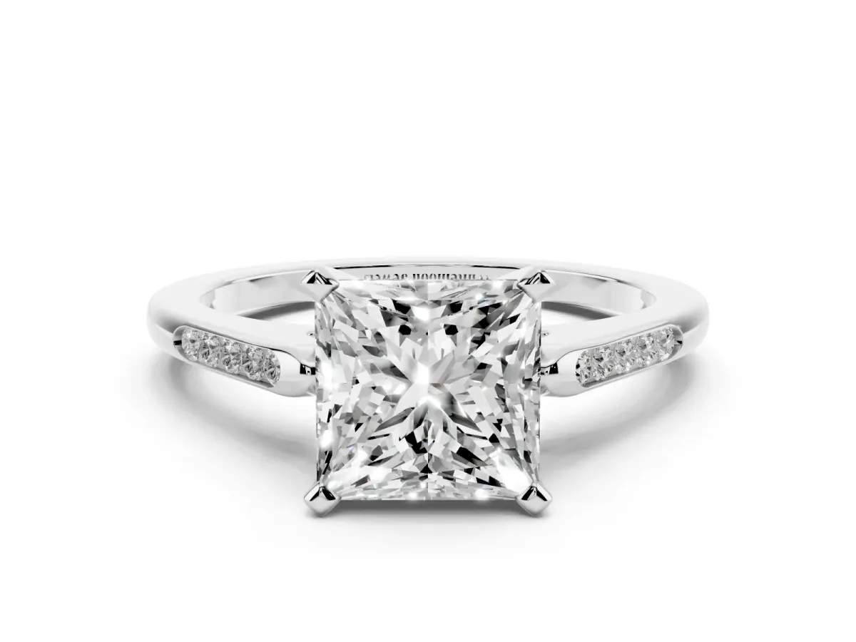 Princess Cut Diamond Solitaire Ring with Channel Set Round Band and Prong Setting Silver