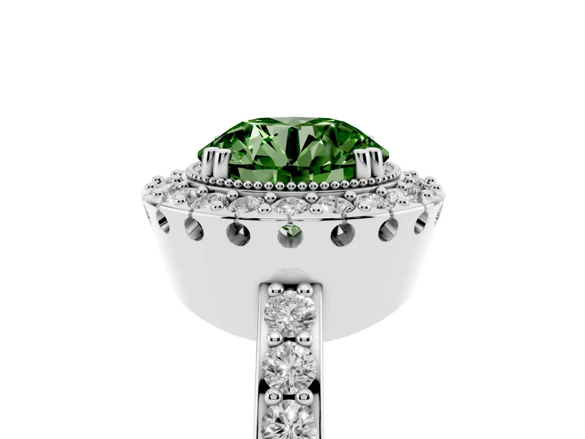 Fancy Green Round Cut Diamond Halo Ring with Pavé Band and Prong Setting Platinum