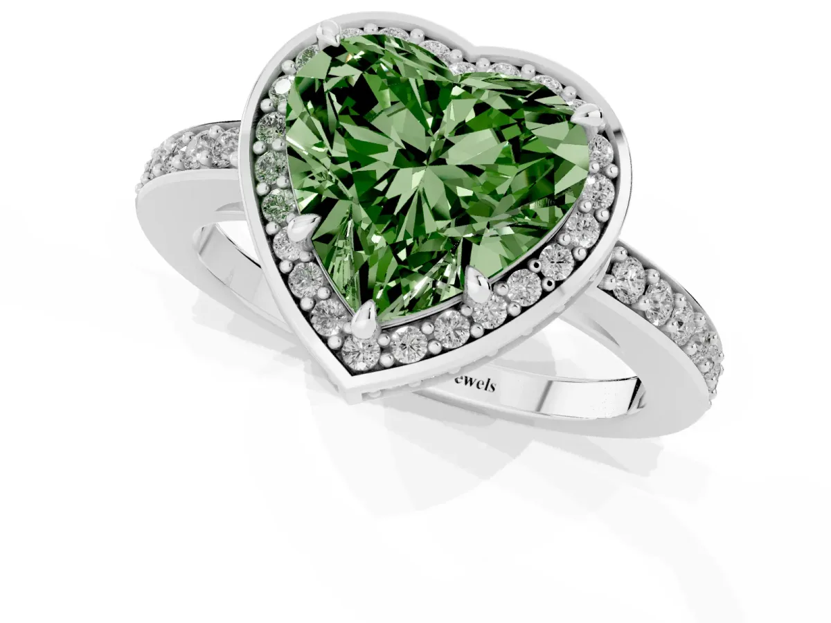 Fancy Green Heart Cut Halo Pave Band Solitaire Ring with Prong Setting White gold